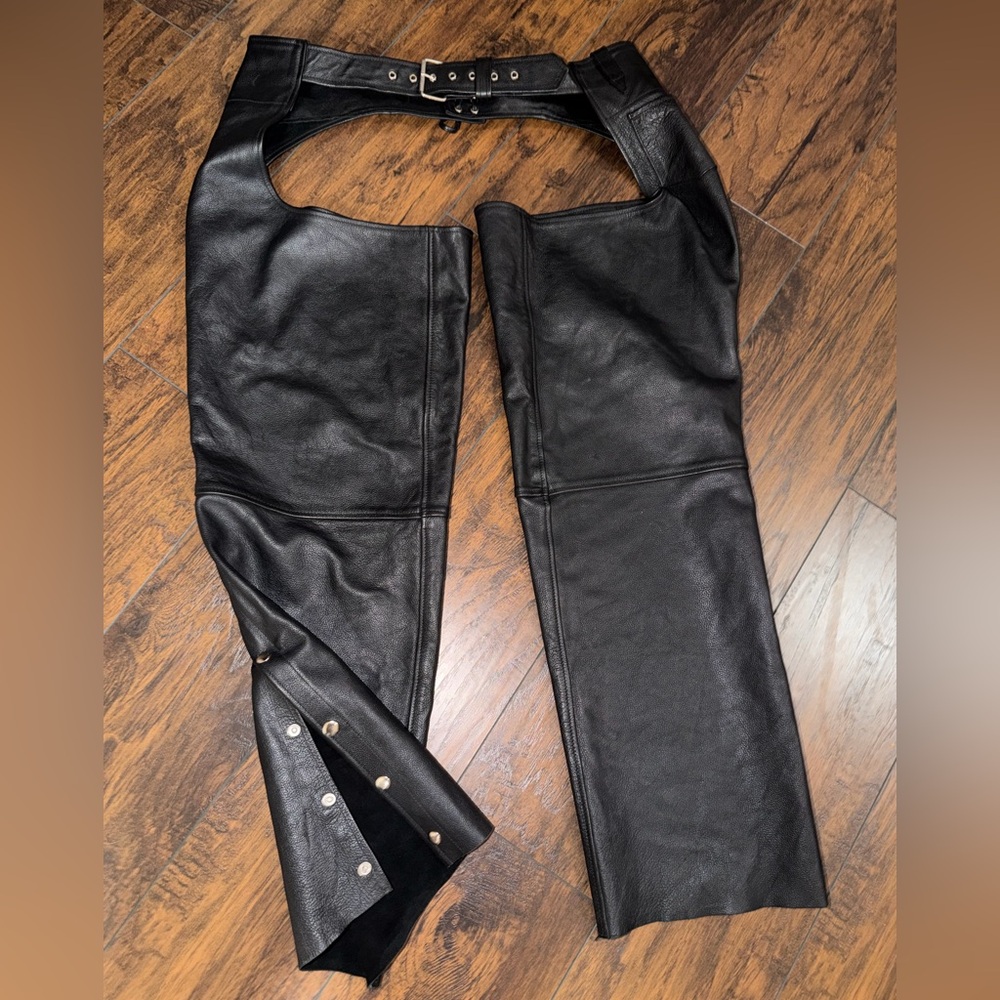 Wilson Leather Black Leather Motorcycle Chaps with Belt